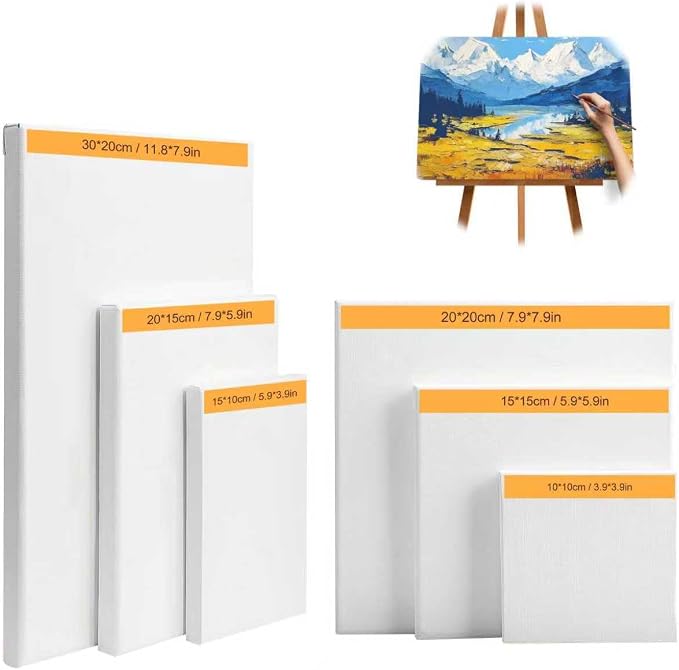 6-Piece Canvas Set for Painting – 11.8x7.9”, 7.9x5.9”, 5.9x3.9”, 7.9x7.9”, 5.9x5.9”, 3.9x3.9” Stretched Canvas Panels – White Artist Canvas Boards for Oil, Acrylic & Craft Painting (Model A)