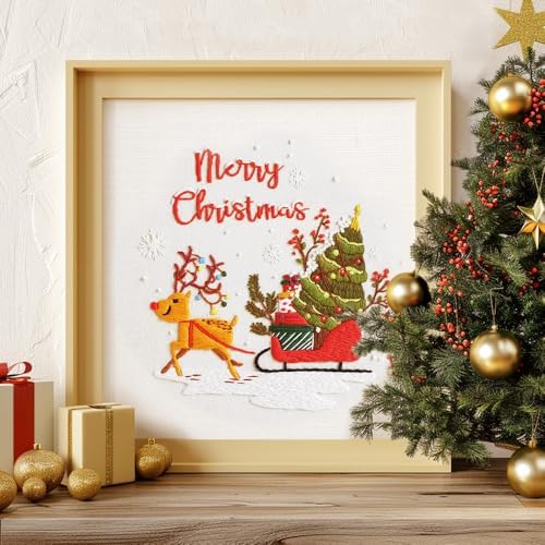 wtisan Christmas Embroidery Kit, Cross Stitch Kits for Beginners, Needlepoint with All Tools & Instructions, Stamped Hand Embroidery Starter Kit for Holiday Crafts & Xmas Home Decor, W15