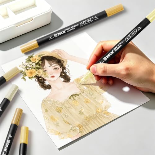 ZSCM 12 Yellow Acrylic Paint Markers, Dual Fine & Brush Tip Acrylic Pens
