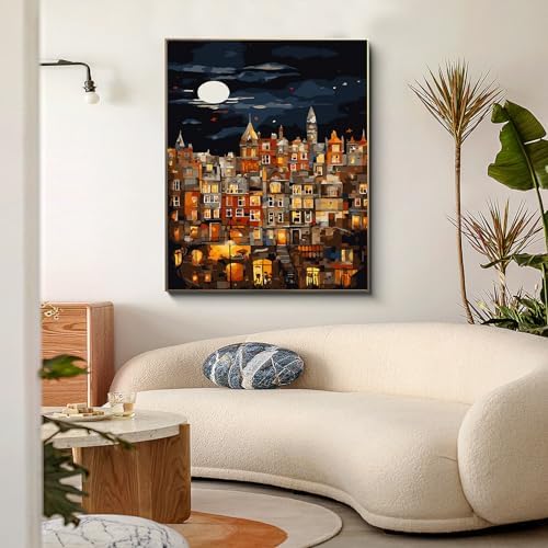 PRASIO Paint by Numbers Kit for Adults Beginner, Moonlight House Adult Paint by Number Kits, DIY Acrylic Paint by Numbers Kit for Adults Canvas for Home Decor Gift 16x20 Inch