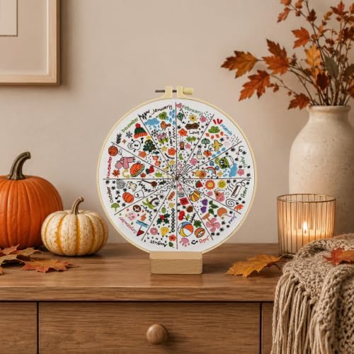 A Year of Doodles Embroidery Kit for Beginners Adults, 12-Month Seasonal Icon Wheel Easy Cross Stitch Kit Easy All-Year Round Embroidery Starter Kits with Wooden Hoop Needles Threads and Instruction