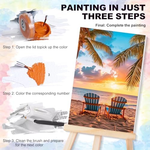 4 Pack Framed Paint by Numbers Kit for Adults with Wooden Easel, Beach | With Frame, Sea Turtle DIY Acrylic Painting, For Adults Beginner, Stress Relief Craft Kits, Home Wall Decor Gift, 8x12 IN