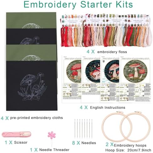 Harimau Adult Beginner Embroidery Starter Kit, Complete Set with 4 Patterns, 2 Hoops, Needles, Scissors, Instruction Guide & Stitching Video Tutorials