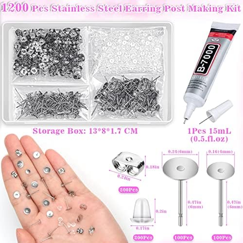 Anezus Jewelry Glue With 600pcs Stainless Steel Earring Posts and Backs - Hypoallergenic Blanks With Rubber Backs for Jewelry Making Supplies and Findings
