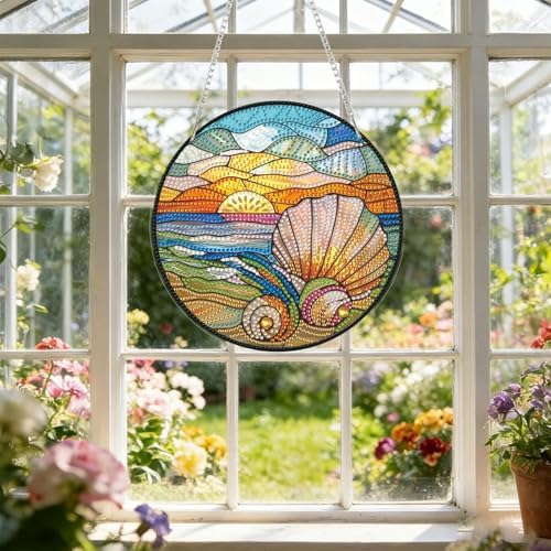 CRZMODE Stained Glass Shell Diamond Art Hanging Kit for Adults, Shell Pendant Diamonds Painting Art Kit, Special Crystal Diamond Art Painting Pendant Ornament, Craft Gift for Women Home Window Decor