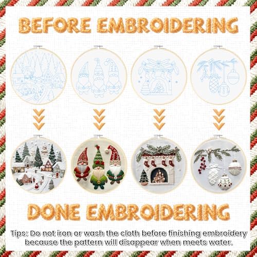 Christmas Embroidery Kit for Adults and Beginners, Christmas Gnomes Embroidery Kits Cross Stitch Kits with Pattern, Cotton, Threads, Needles & Instruction (4Pcs C)