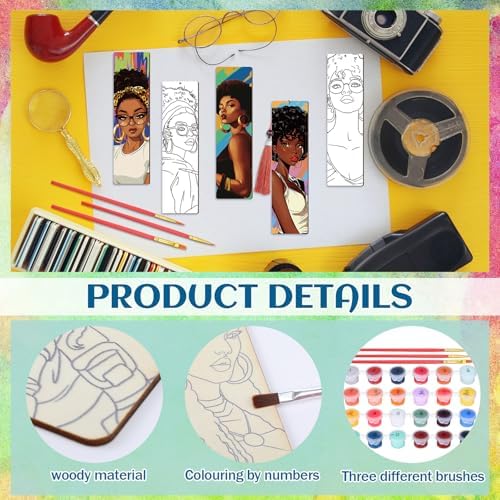 Kosiz 12 Pcs Black Women Paint by Number Kit for Adult Wood Bookmark | Mini Paint by Numbers Kit, Painting Decor, Tiny Tassels Blank Bookmarks, for Small DIY Craft Book Lovers Gift 7x2 ''