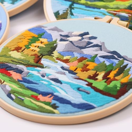 Harimau Adult Beginner Embroidery Starter Kit Natural Landscape Patterns, Complete Set with 4 Patterns, 2 Hoops, Needles, Scissors, Instruction Guide & Stitching Video Tutorials
