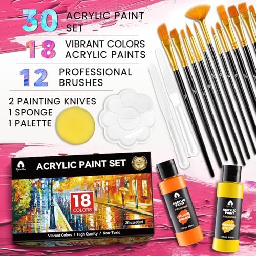 34 Pcs Acrylic Paint Set, 18 Colors 2oz/60ml Rich Pigments (Classic)