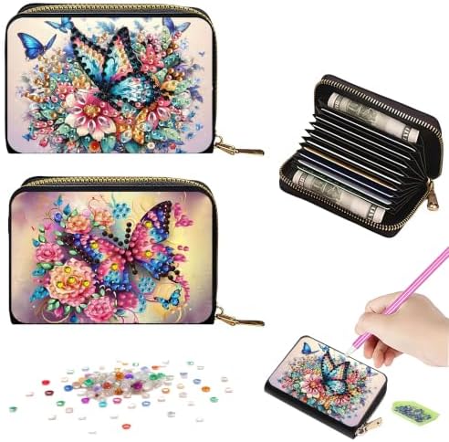 DDGYP 2PCS PU Leather Diamond Art Zipper Card Holder Butterfly