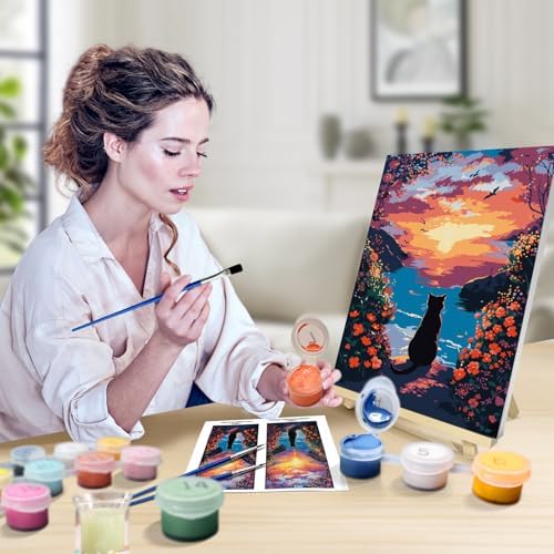 JOOZ Paint by Numbers Kit for Adults with Frame, Black Cat Paint by Number with Easel, DIY Seaside Sunset Flowers Paint by Numbers Landscape for Home Wall Decor 8 x 12 Inch