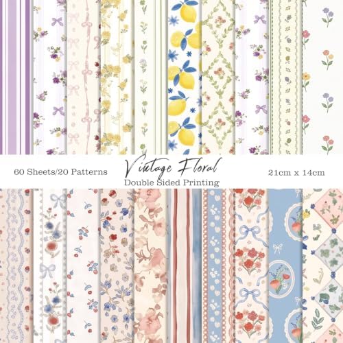 60 Sheets Scrapbook Paper, Double-Sided Vintage Floral Scrapbooking Paper Scrapbook Supplies for Cards, Journals, Tags, Albums, DIY Crafts , 5.5x8.3in / 20 Patterns