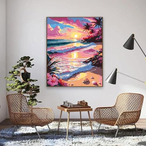 EIBEILI Seaside Scenery Paint by Numbers Kit for Adults Beginner,Sunset Beach Adult Paint by Number Kits on Canvas,Easy Canvas Paint by Numbers for Adults for Home Wall Decoration 12 X 16 inch