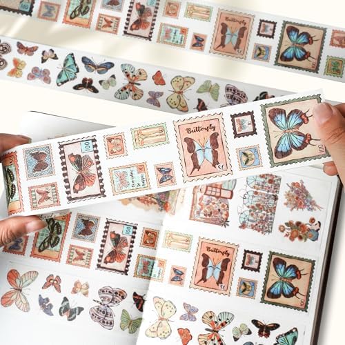 WT Stamped Wings Washi Tape Sticker Set – 3 Rolls Decorative Butterfly & Wing Washi Sticker Tape, Vintage Adhesive Tape for Journaling, Scrapbooking, Planner, DIY Crafts & Wrapping (40mm, 50mm, 60mm)