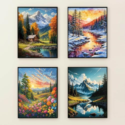 Lovepefe Mountain Paint by Numbers Kit for Adults and Kids Beginner 4 Pack Mountain Forest Adult Paint by Number Kits On Canvas DIY Oil Painting Kits for Gift Wall Decor 12x16 Inch