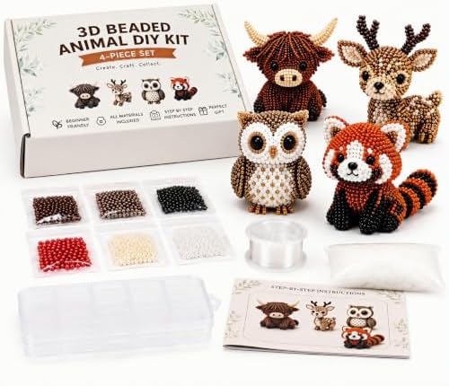 3D Beaded Animal DIY Kit, 4 Piece Craft Set for Adults Teens Beginners, Make Highland Cow Deer Owl Red Panda, Animal Art Project with Color Beads Thread Storage Box Instructions, Gift for Crafters