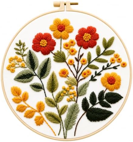 Zhenqing Floral Embroidery Kit for Beginners, Wildflower Botanical Needlework Kit with Pre-Printed Cotton Fabric, Hoop, Threads & Tools, Flower Wall Decor (C0126)