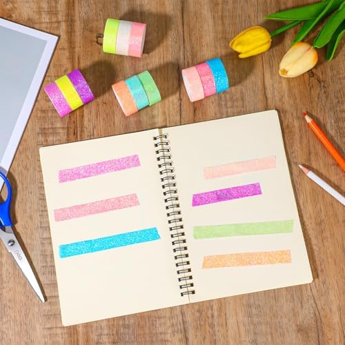 TIESOME 12 Rolls Glitter Washi Tape Set, 15mm Macaron Cute Colored Masking Tape, Decorative Masking Tapes for DIY, Scrapbook, Journal, Gift Wrapping, Crafts