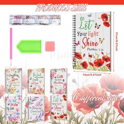 Fullhawl 6 Pack 5D DIY Diamond Art Crafts Kit for Adults Office Supplies Beginner A5 Leather Diamond Painting Gift for Women Art Cover Craft Accessories with Tool (Bible Florals)