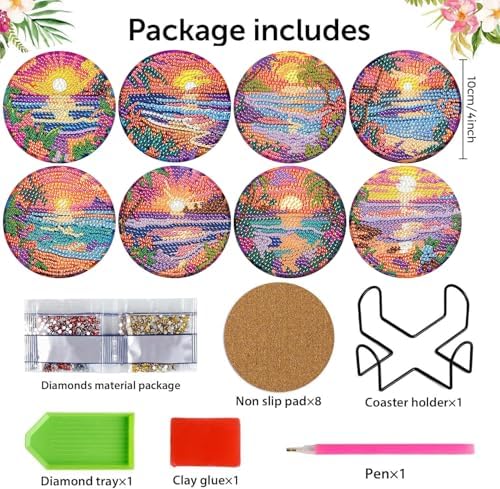 8 Pcs Diamond Art Coasters Kit for Adult with Holder, Diamond Coaster 4x4in