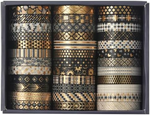 36 Rolls Skinny Washi Tape Set Gold Foil Detailing Arts Adhesive Tapes Basic Patterns Decorative Masking Tape Sets for Craft, Kids, Scrapbook, DIY, Gift Wrapping (Black & Gold)