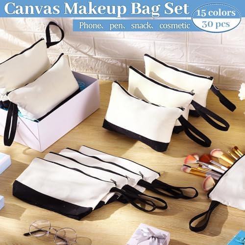 Silkfly 30 Pcs Cotton Canvas Makeup Bags Cosmetic Zipper Bags 10.2 x 5.5 x 2'' Blank DIY Pouch Bulk Pencil Case with Bottom Travel Toiletry Pouch for Women Craft Decor Gift (Black,Beige)