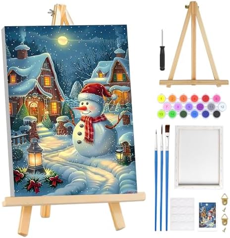 MOGTAA Christmas Paint by Numbers Kit for Adults Beginners with Frame, Snowman Adult Paint by Number Kits on Canvas with Easel, Easy DIY Landscape Oil Painting Kits for Home Decor, 8x12in