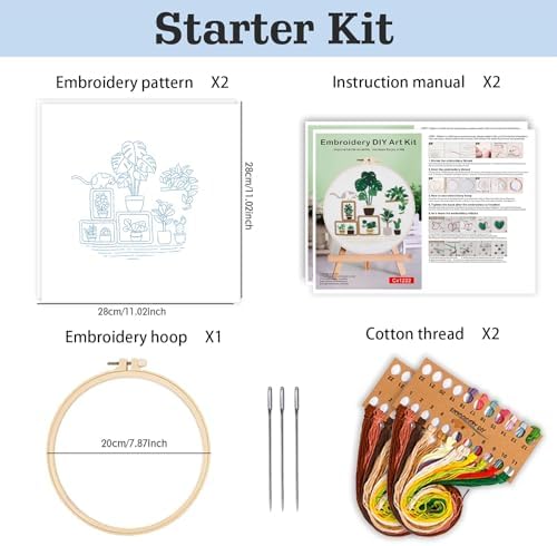 spicssa 2 PCS Embroidery Kit for Beginners, Hand Needlepoint Kits for Adults with Pre-Stamped Patterns, 7.8-Inch Hoop, Threads & Needles, Step by Step Instructions