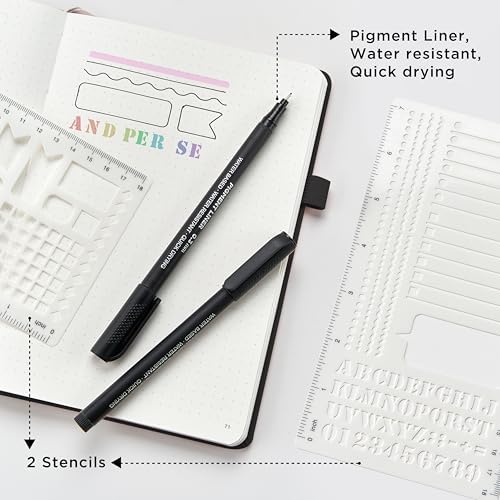&And Per Se Dotted Notebook with Pen, 176 Numbered Dotted Pages, A5 Hardcover, Journal Stencils & Fineliner Pen for Beginners Women Men (Black)