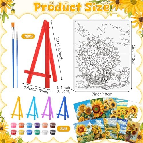 Blosssound 10 Set Pre Printed Canvas Pre Drawn Canvas Painting with Easel Kits 5" x 7" Outline Painting Panels for Beginners, DIY Craft Project, Home Decors(Sunflower)