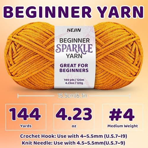 HEJIN 120g Orange Sparkle Yarn for Crocheting and Knitting | 120m(144yds) for Beginners with Easy-to-See Stitches; Worsted-Weight Medium #4; Yarn for Beginners Crochet Kit Making