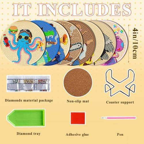DOTSOPS 8 Pcs Animal Diamond Painting Coasters for Beginners with Holder