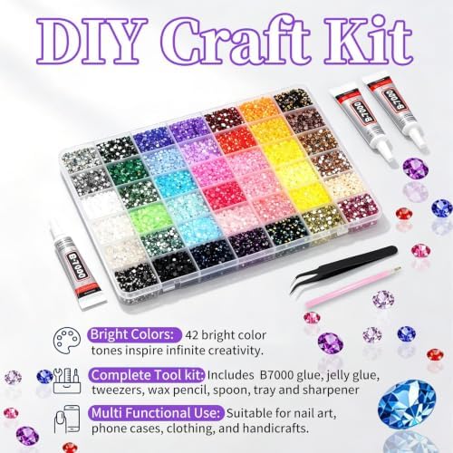 Bedazzling Kit 42000Pcs 42 Colors Resin Jelly Rhinestones 3mm Flatback Gems Bedazzler Kit with B7000 Jewelry Glue and Tools for Diamond Art Crafts Nail Art Supplies