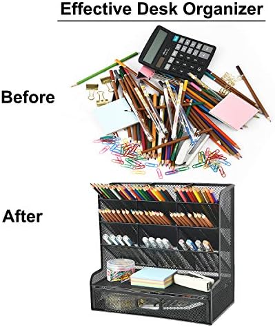 Marbrasse Mesh Pen Holder for Desk, Multi-Functional Pencil Organizer with Drawer, Desk Organizers and Accessories for Office Art Supplies (Large Black)