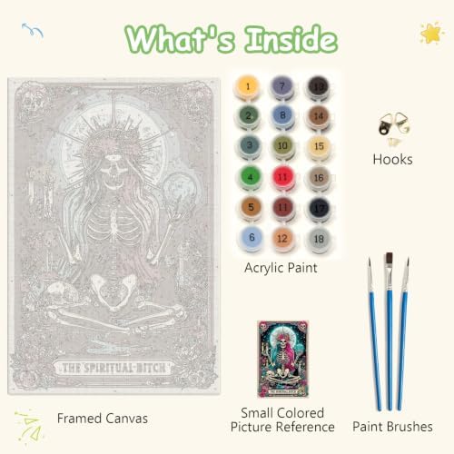 Spandrel Paint by Number Kits for Adults Witch Tarot, The Spiritual Bitch Skeleton Paint by Number Kits on Canvas, DIY Acrylic Oil Gothic Painting by Numbers Gitfs for Home Wall Decor, 8x12in