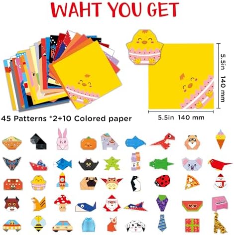 Xuoent Origami Kit for Kids, 100 Sheets Paper Crafts Kits, Ages 5-12+ | Included: 100 sheets with 45 patterned papers (2 each) plus 10 solid colors, origami book and video tutorials for kids.
