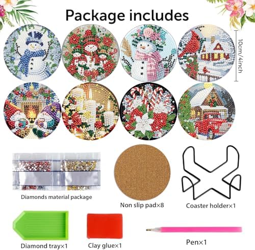 8 Pack Christmas Diamond Art Coasters,Diamond Painting Coasters Kits