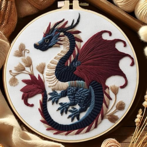 FREEBLOSS 4 Sets 11.6" Embroidery Kit for Beginners Dragon Stamped Patterns
