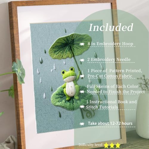 FONNUY Embroidery Kit for Beginners - Frog Under Lotus Leaf DIY Cross Stitch Set, Pre-Printed Fabric with 8’’ Hoop, Cute Rainy Day Art Craft for Adults, Home Decor & Handmade Gift (Green 01)