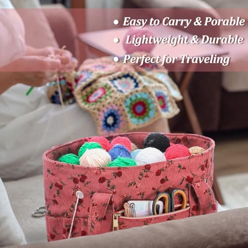 Bulyoou 2 Pcs Crochet Tote and Yarn Bag Set Corduroy Yarn Holder, Flower