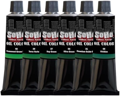 Soho Urban Artist Oil Paint Greens Set of 6-170 mL Tubes, Triple-Milled Oils with Refined Linseed - Smooth Application, True Color Mixes, Ideal for Brushes & Palette Knives