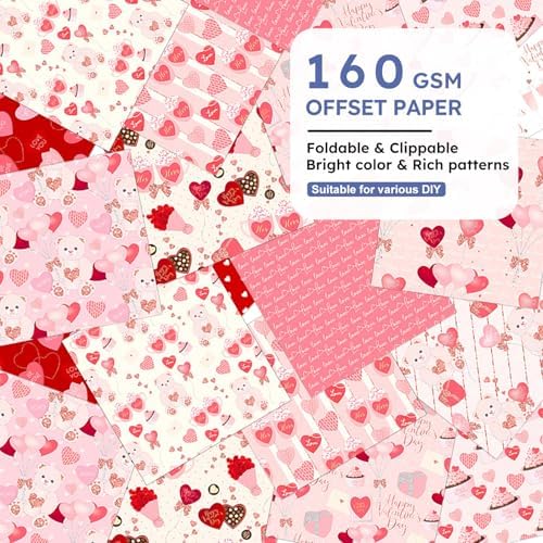 Pink Hearts Scrapbook Paper Pad - 24 Sheets 12in Valentine Sweet Decorative Patterns Designed Collage Material for Journals Folded Cardstock DIY Crafts Origami Gift Wrapping Supplies
