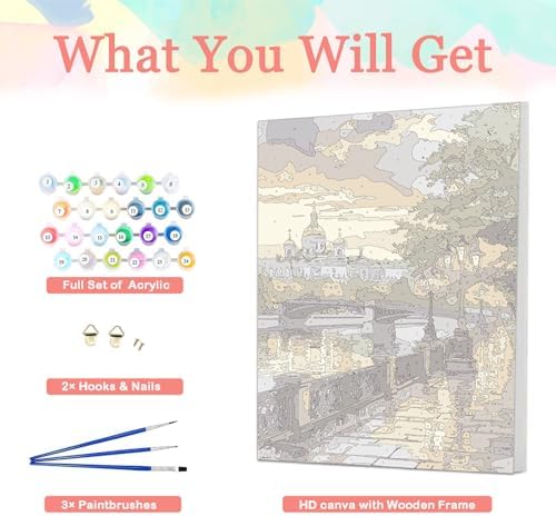 Auremi Castle Framed Paint by Number for Adults,DIY Landscape Painting by Number Kits on Canvas Acrylic Oil Painting Kits for Adults Paint by Number Kits for Home Decor 20x30cm