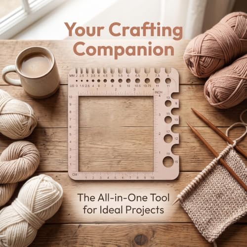 1 Pcs Wooden Knitting Gauge Ruler, 15CM/5.9 Inch Multi-functional Needle Sizer, Stitch Counter Spinner & Yarn Measuring Tool, Precise Size Marker Square Craft Accessory for Knitting Crochet DIY Crafts