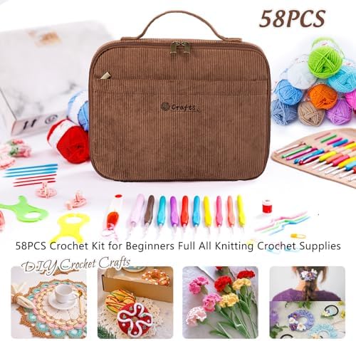 MYBAGZING Crochet Kit for Beginners with Yarn Storage Bag, 10pcs Crochet Hooks 2.0-6.0 mm, 10 Skeins Yarn for Crocheting, Knitting Accessories, 58pc Crochet Starter Kit for Adults