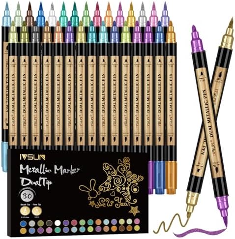 30 Colors Dual Tip Metallic Acrylic Paint Marker pens with Brush & Fine | Paint Marker for Black Paper, Scrapbooking, Photo Album, Rock, Wood, Card Making, DIY Arts & Crafts, Scrapbook Supplies