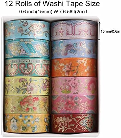 12 Rolls Vintage Washi Tape Set, Gold Foil Decorative Masking Tape for Scrapbooking, Journal, Planner, DIY Crafts, Gift Wrapping