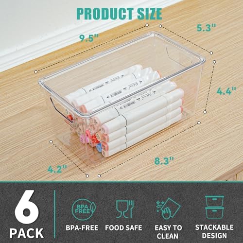 6 Pack Small Clear Storage Bins with Lids, Acrylic Arts and Craft Storage Containers, Stackable Clear Plastic Craft Storage Bins with Handles for Classroom Storage Organization,Kitchen, Fridge, Office
