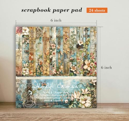 24 Sheets Vintage Flowers Scrapbook Paper Pad, 6 x 6 In Floral Patterned Designed Decorative Decoupage Cardstock Supplies for Card Making Folded Material Gift Wrapping Journals DIY Crafts Photo Album
