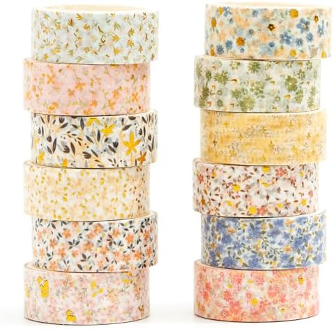 12 Rolls Charming Washi Tape Set Gold Silver Foil Detailing Arts Adhesive Tapes Basic Patterns Decorative Masking Tape Sets for Craft, Kids, Scrapbook, DIY, Gift Wrapping (Spring Bloom)